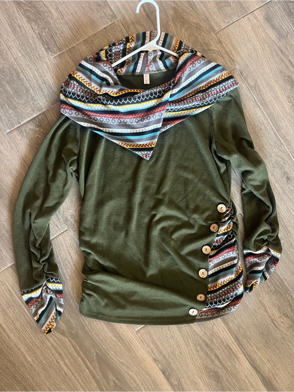 Women's Olive Green Cowl-Neck Sweater with Patterned Trim